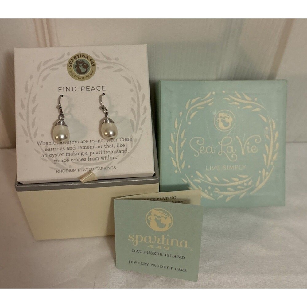 Spartina 449 SeaLaVie Silver Pearl  Drop Earrings Rhodium Plated New In The Box